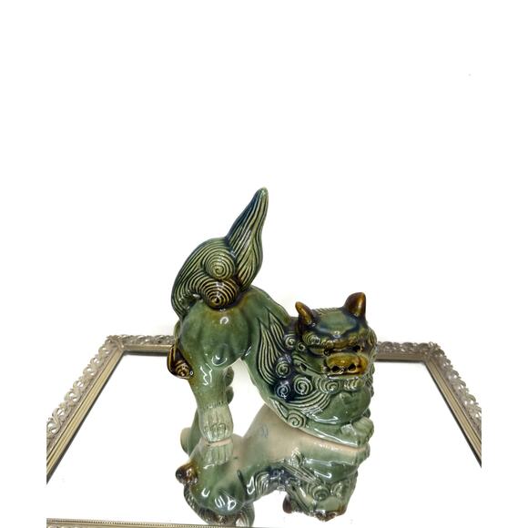 Chinese Foo Dog Green Guardian Shishi Lions Figurine Green Glazed Chinoiserie - Picture 6 of 14